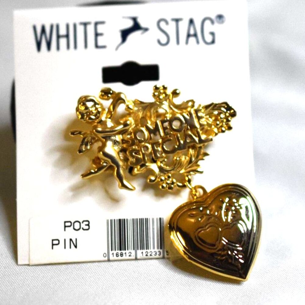 NIP White Stag Stylish Someone Special Heart Locket/ Cupid Gold Tone Brooch